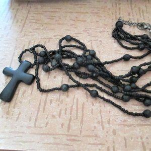 Black Beaded Boho Cross Necklace